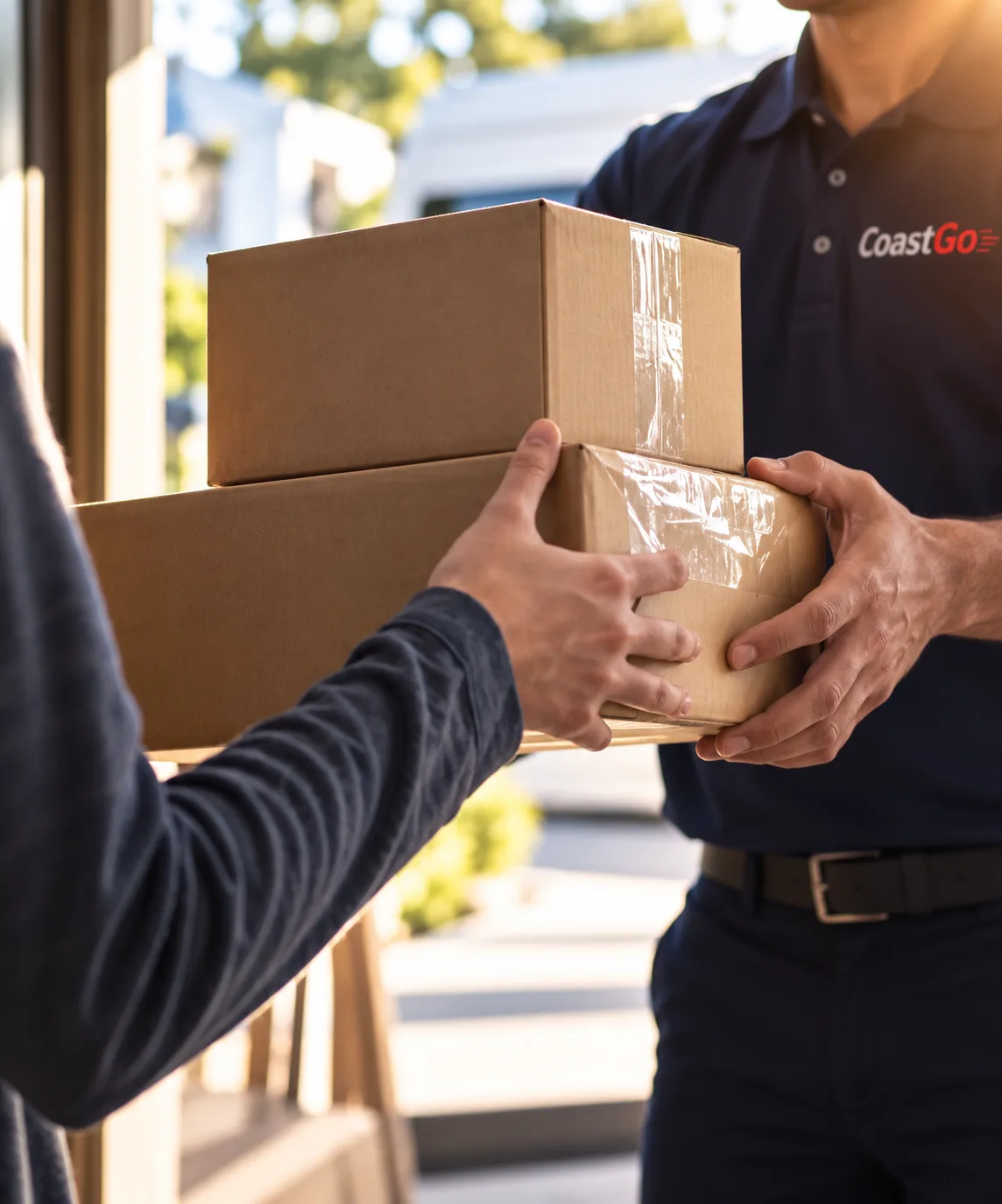 CoastGo driver handing packages to a customer at their door
