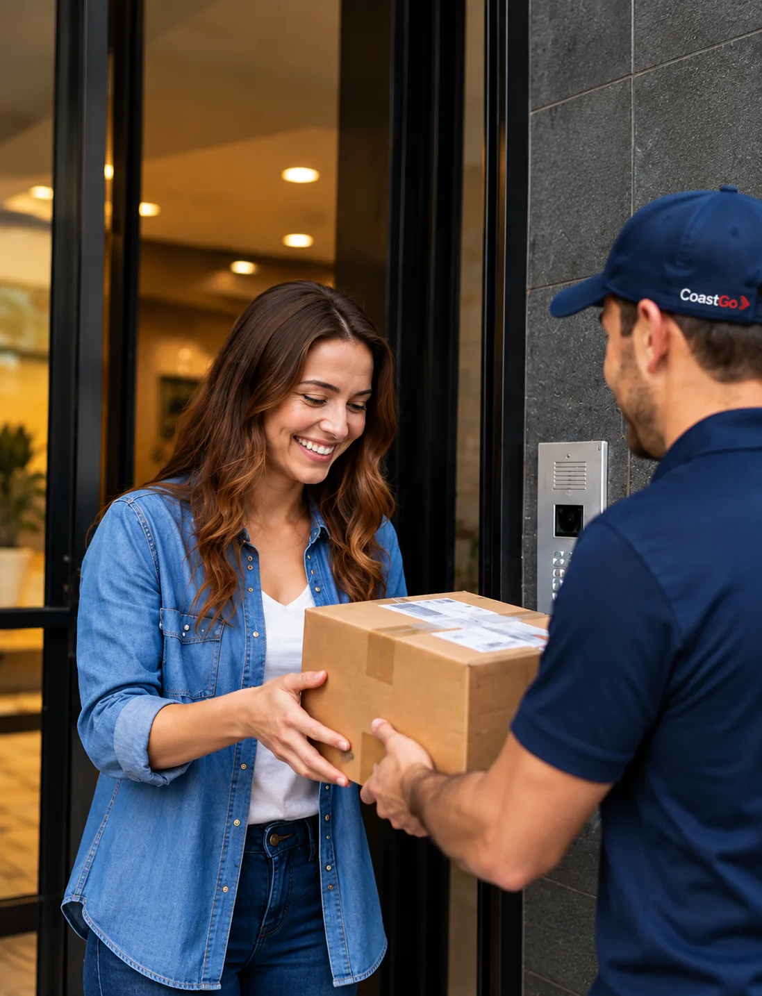 CoastGo driver handing a package to a smiling customer at a building entrance