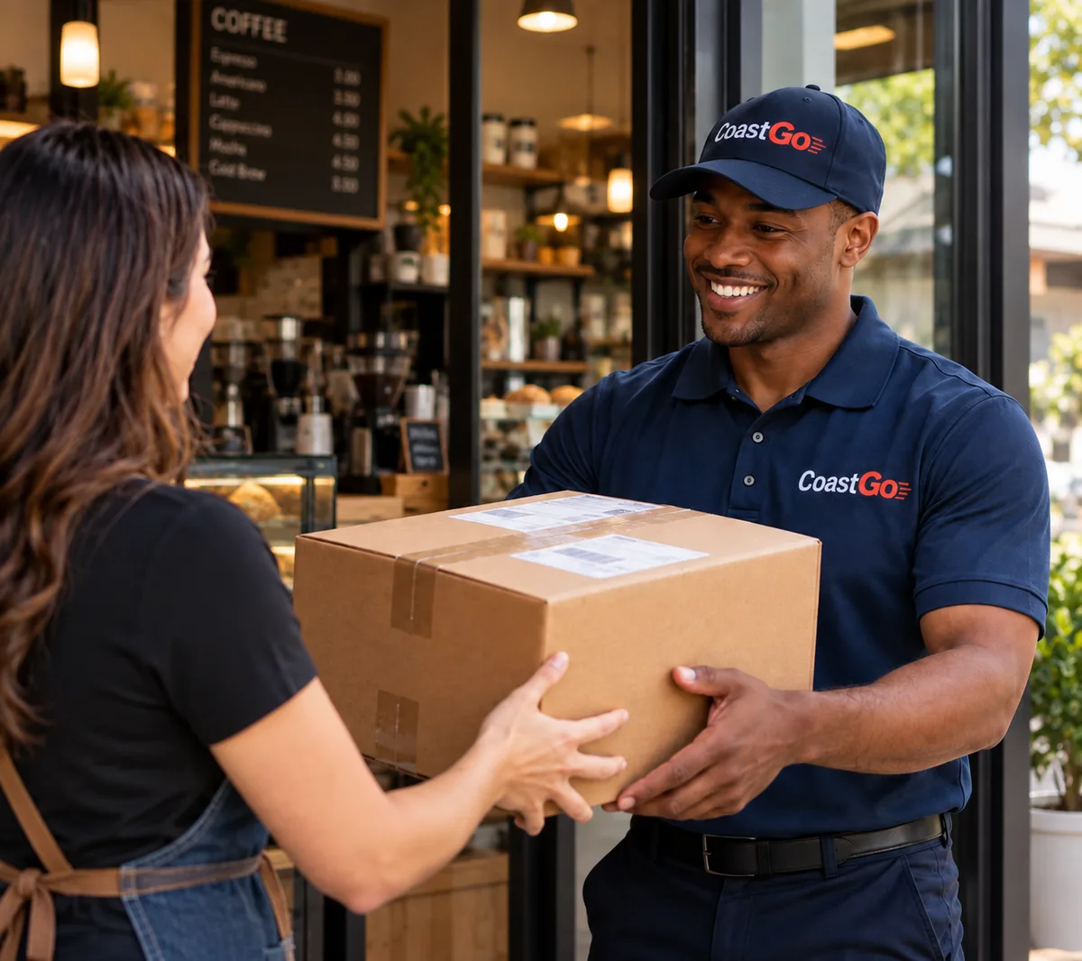 CoastGo driver delivering a package to a local coffee shop