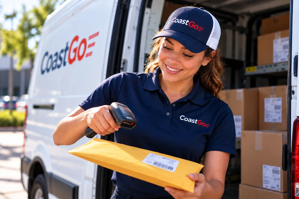 CoastGo driver scanning a priority STAT envelope at the delivery van