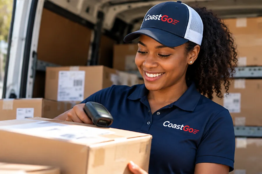 CoastGo driver scanning packages before a scheduled delivery