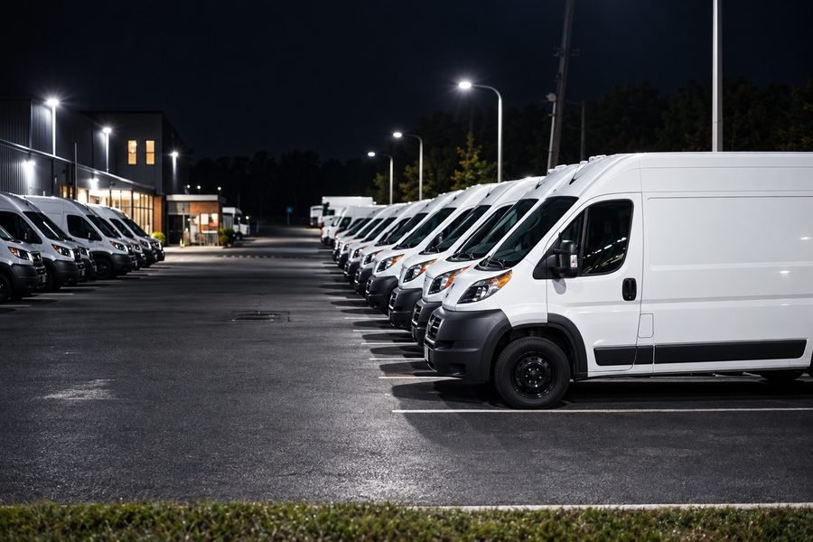 A lineup of delivery vans ready for daily recurring routes
