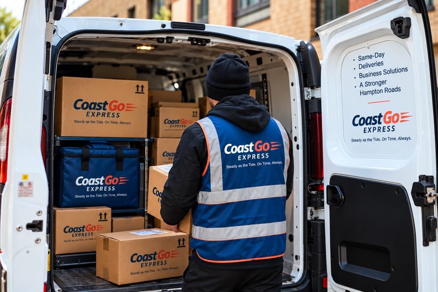CoastGo Express driver loading branded packages for same-day delivery